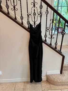 superdown Black Satin Maxi Slip Dress with Waist Tie